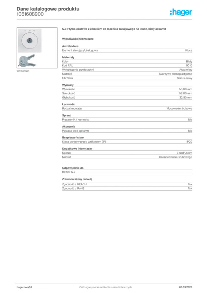 Zdjęcie Hager Dane katalogowe produktu 1081608900 | Hager Polska