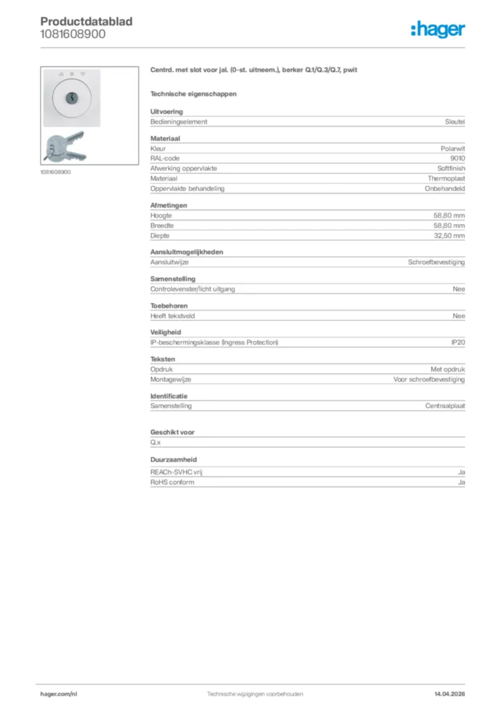 Afbeelding Hager Productdatablad 1081608900 | Hager Nederland
