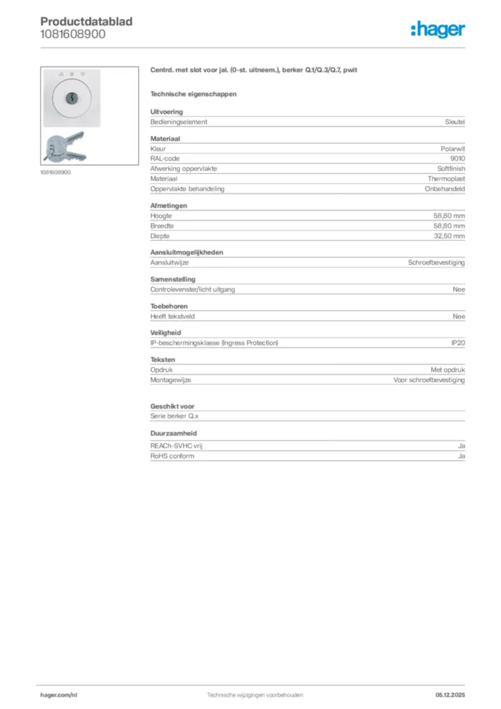 Afbeelding Hager Productdatablad 1081608900 | Hager Nederland