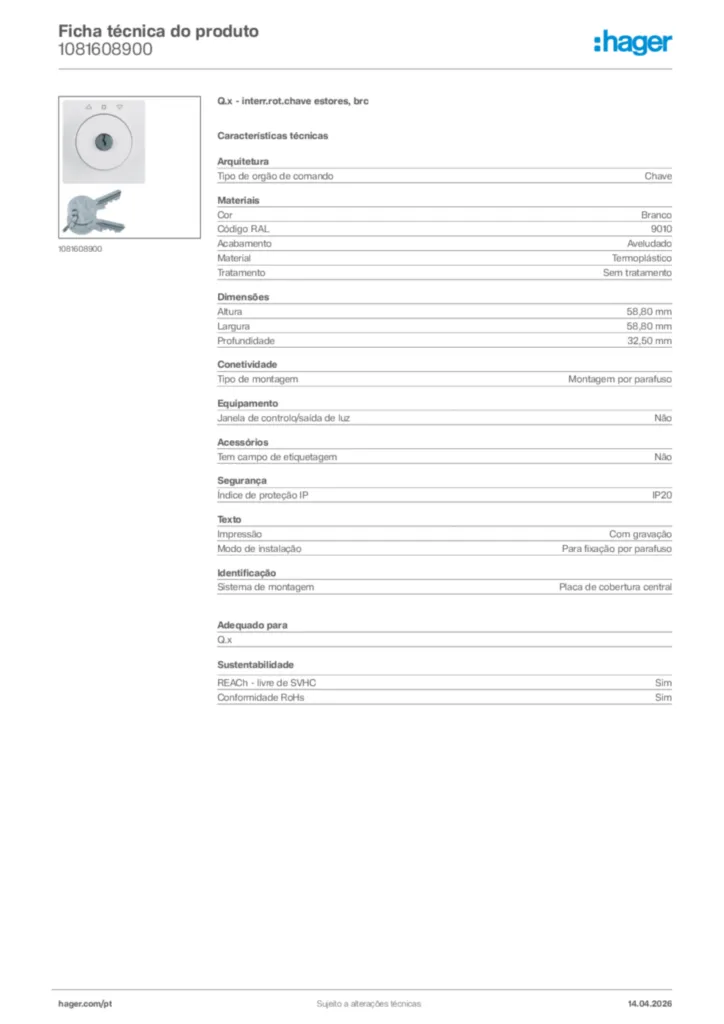 Imagem Hager Ficha técnica do produto 1081608900 | Hager Portugal