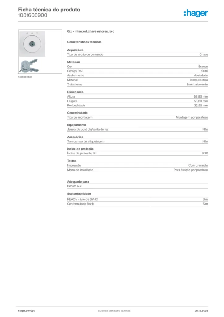 Imagem Hager Ficha técnica do produto 1081608900 | Hager Portugal