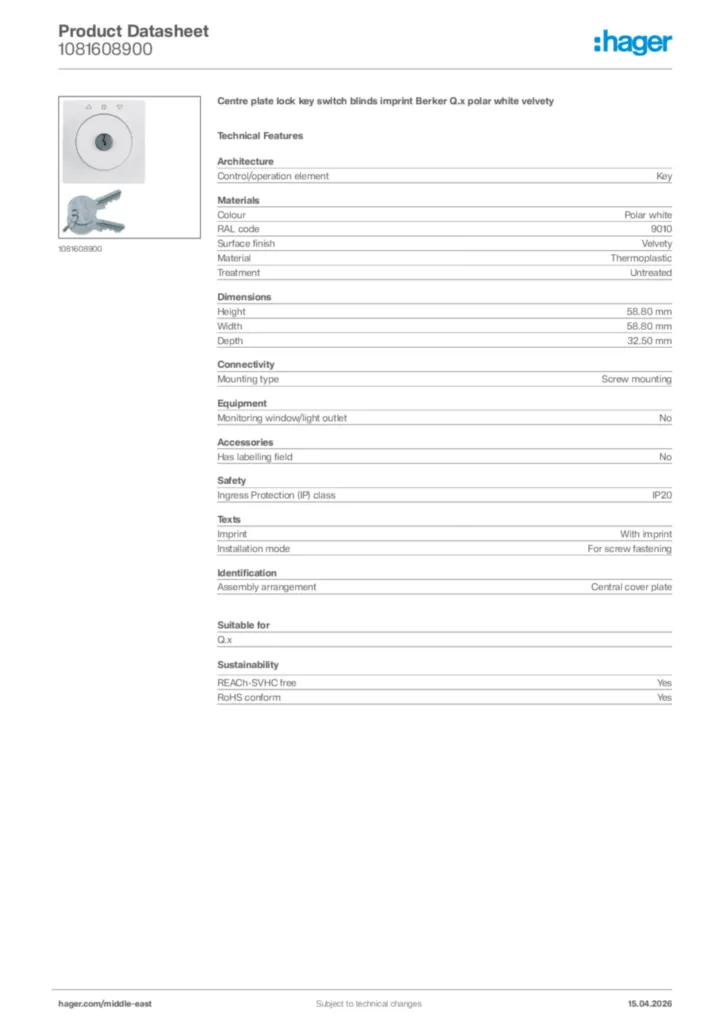 Image Hager Product data sheet 1081608900  | Hager
