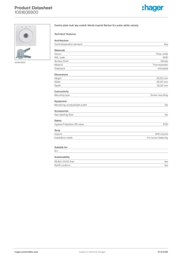 Image Hager Product data sheet 1081608900  | Hager