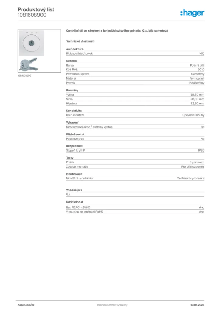 Obrázek Hager Product data sheet 1081608900 | Hager