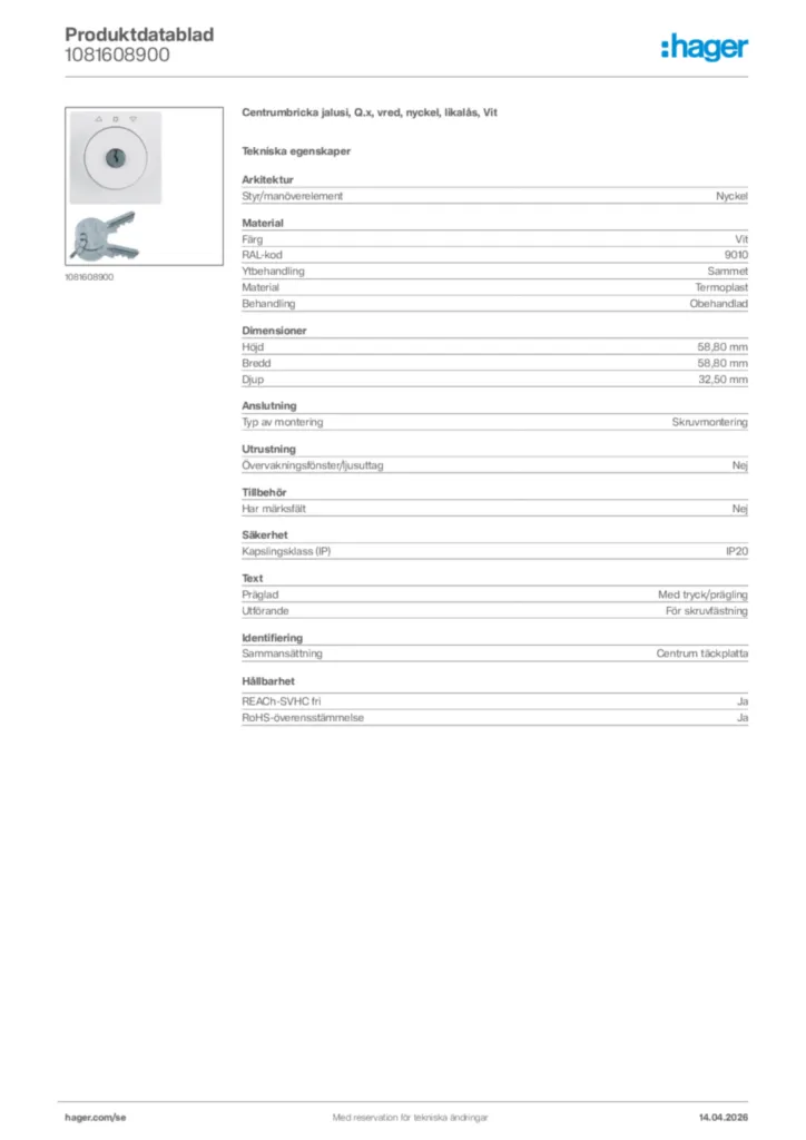 Bild Hager Produktdatablad 1081608900 | Hager Sverige