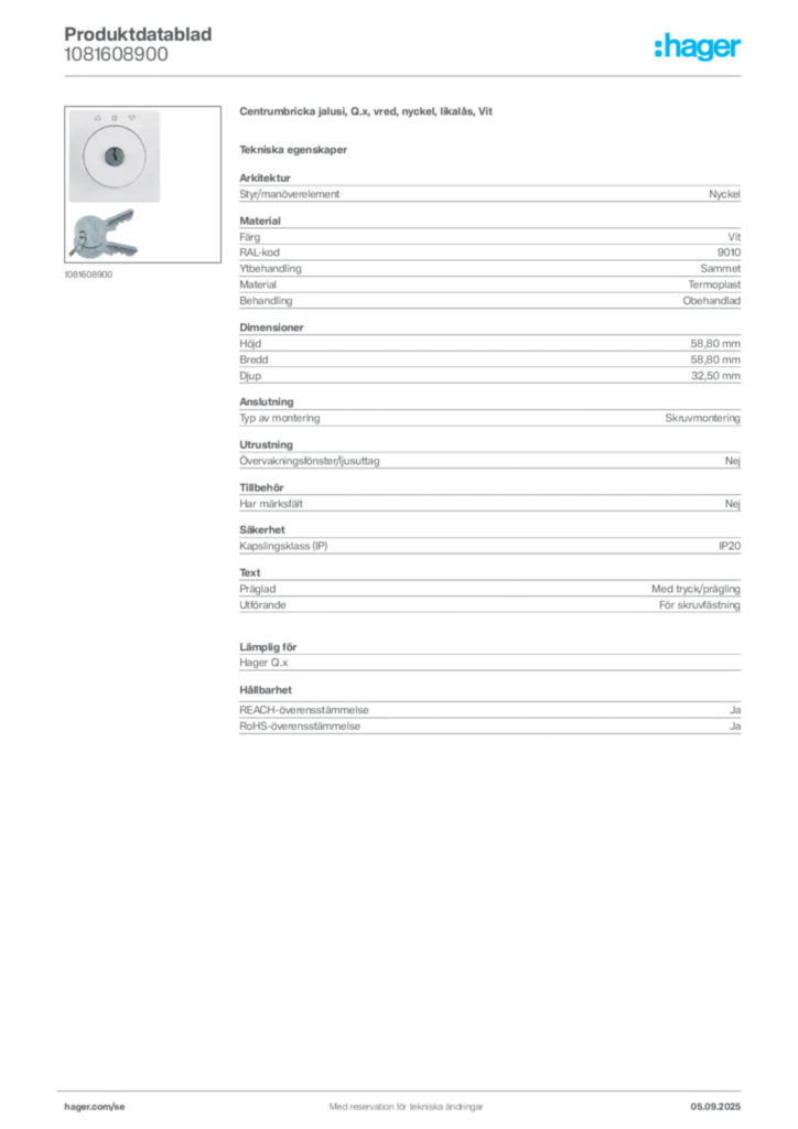Bild Hager Produktdatablad 1081608900 | Hager Sverige