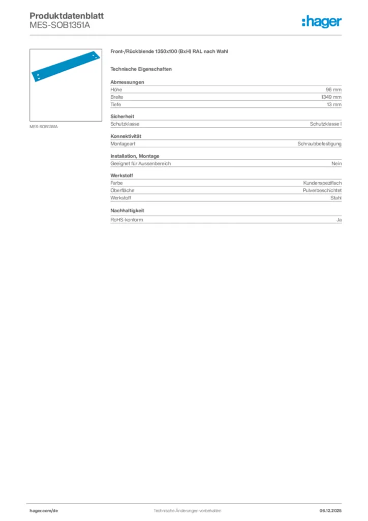 Bild Hager Produktdatenblatt MES-SOB1351A | Hager Deutschland