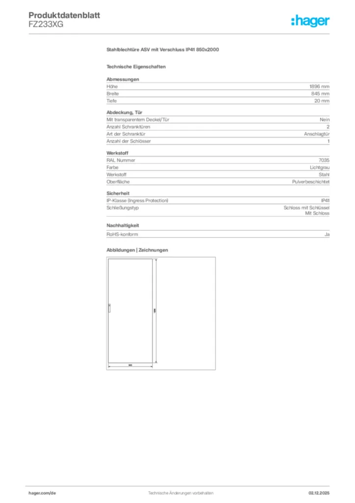 Bild Hager Produktdatenblatt FZ233XG | Hager Deutschland