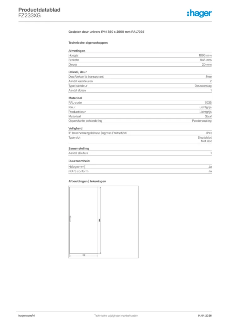 Afbeelding Hager Productdatablad FZ233XG | Hager Nederland