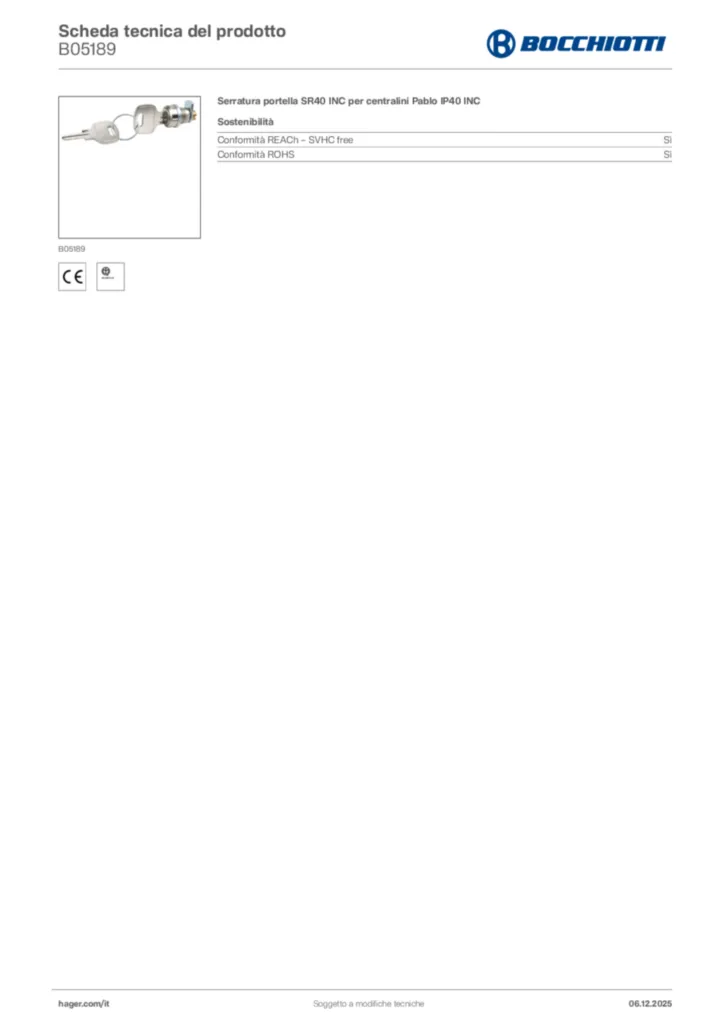 Immagine Bocchiotti Scheda tecnica del prodotto B05189 | Hager Italia