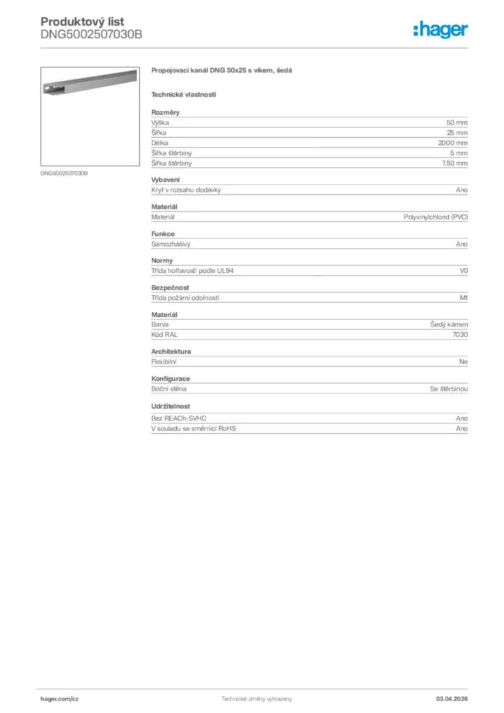 Obrázek Hager Product data sheet DNG5002507030B | Hager