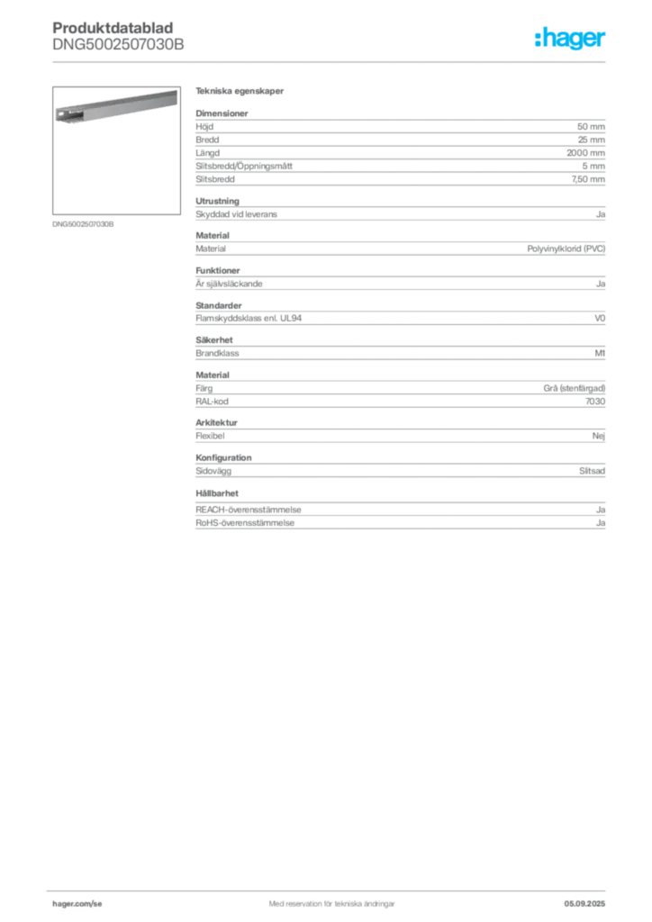 Bild Hager Produktdatablad DNG5002507030B | Hager Sverige