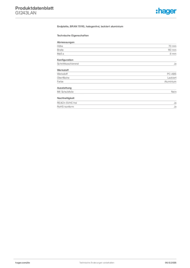 Bild Hager Produktdatenblatt G1243LAN | Hager Deutschland