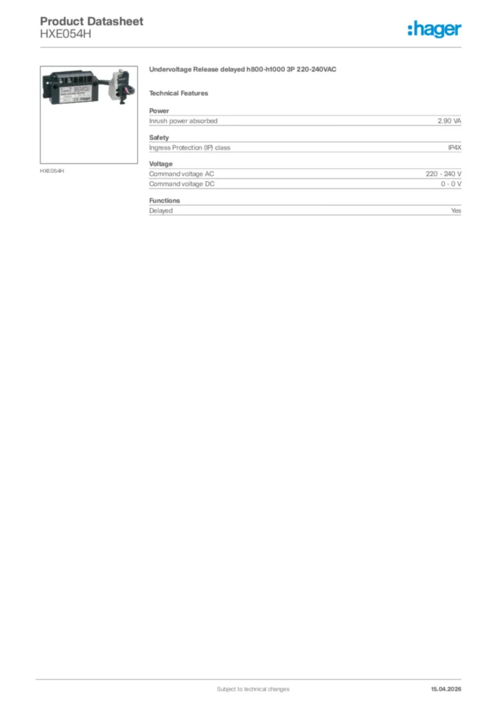 Image Hager Product data sheet HXE054H  | Hager Africa