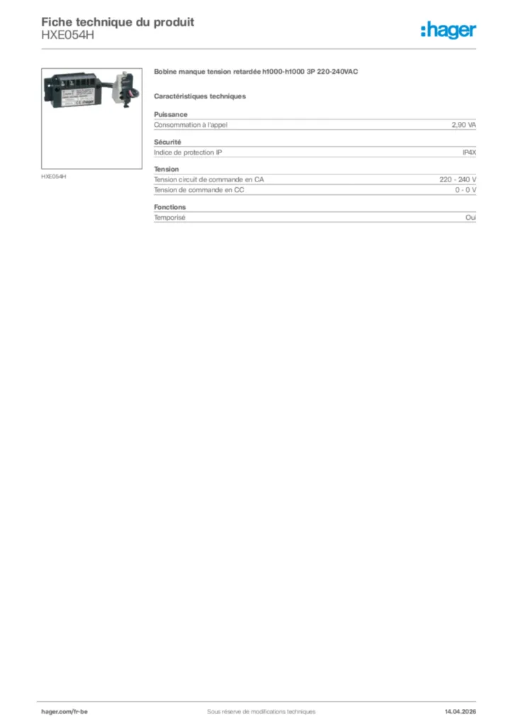 Image Hager Fiche technique du produit HXE054H | Hager Belgique