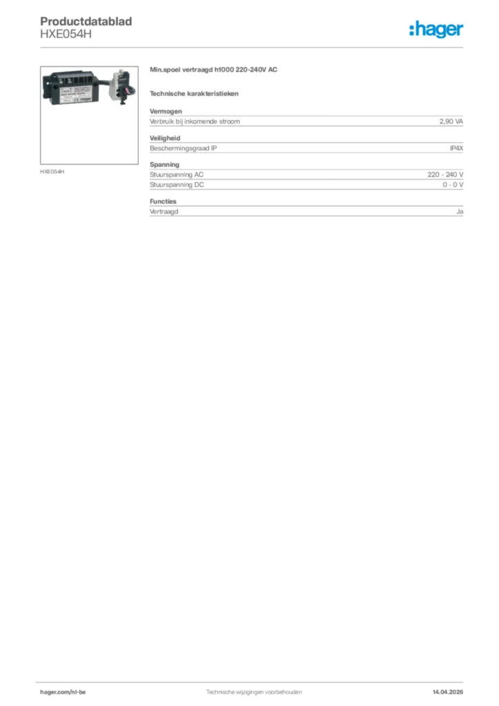 Afbeelding Hager Productdatablad HXE054H | Hager Belgium