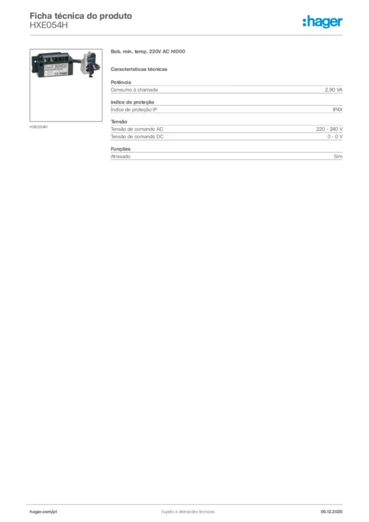 Imagem Hager Ficha técnica do produto HXE054H | Hager Portugal