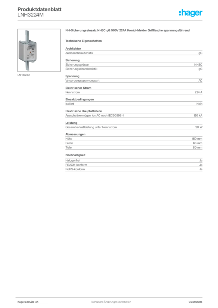 Bild Hager Produktdatenblatt LNH3224M | Hager Schweiz