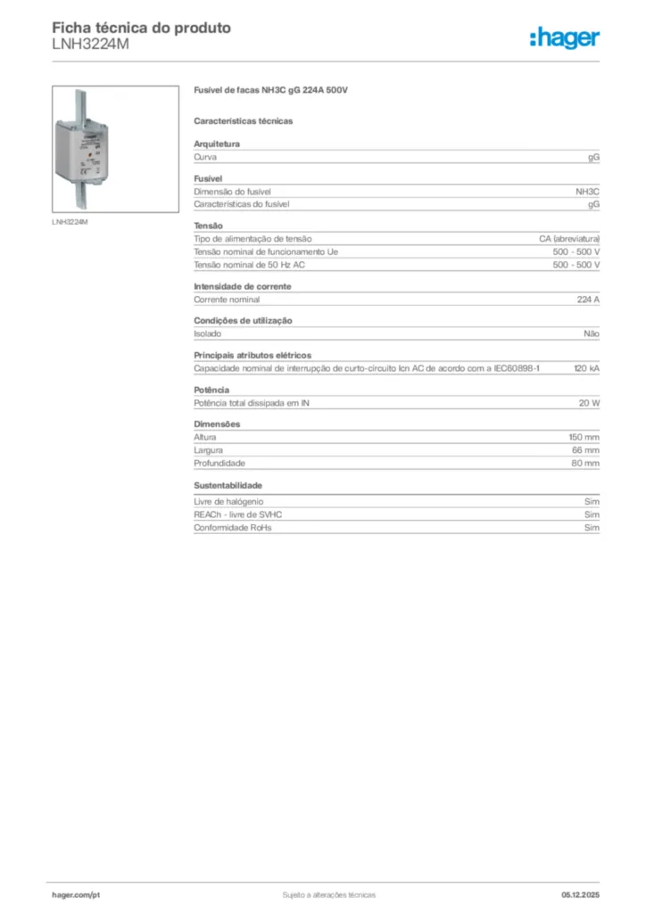 Imagem Hager Ficha técnica do produto LNH3224M | Hager Portugal