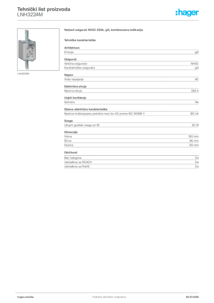 Slika Hager Product data sheet LNH3224M  | Hager