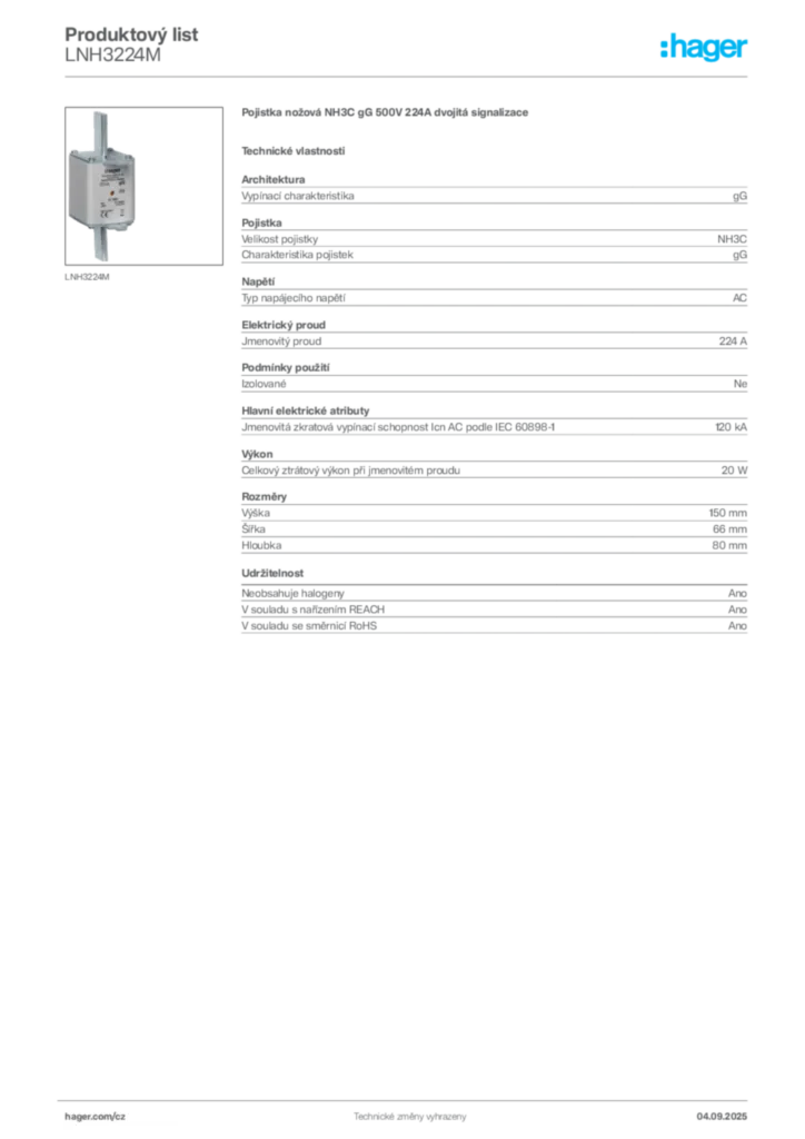 Obrázek Hager Produktový list LNH3224M | Hager