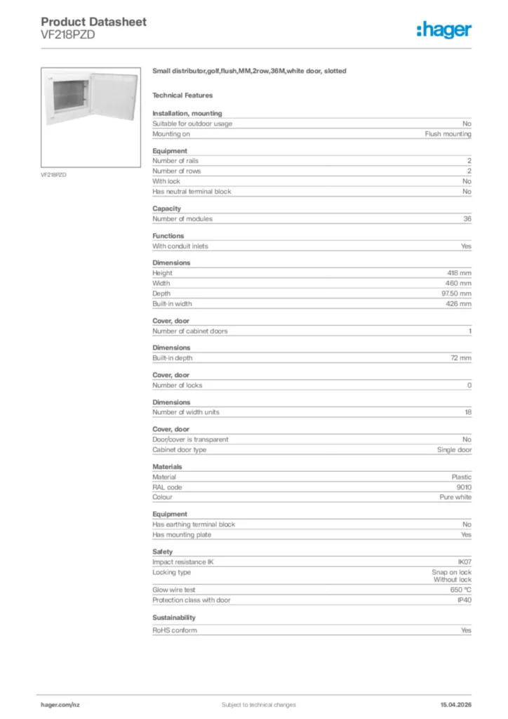 Image Hager Product data sheet VF218PZD  | Hager New Zealand