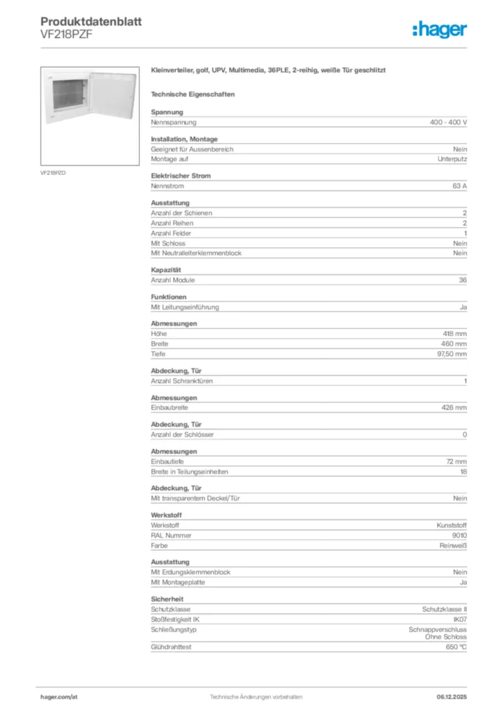 Bild Hager Produktdatenblatt VF218PZF | Hager Deutschland
