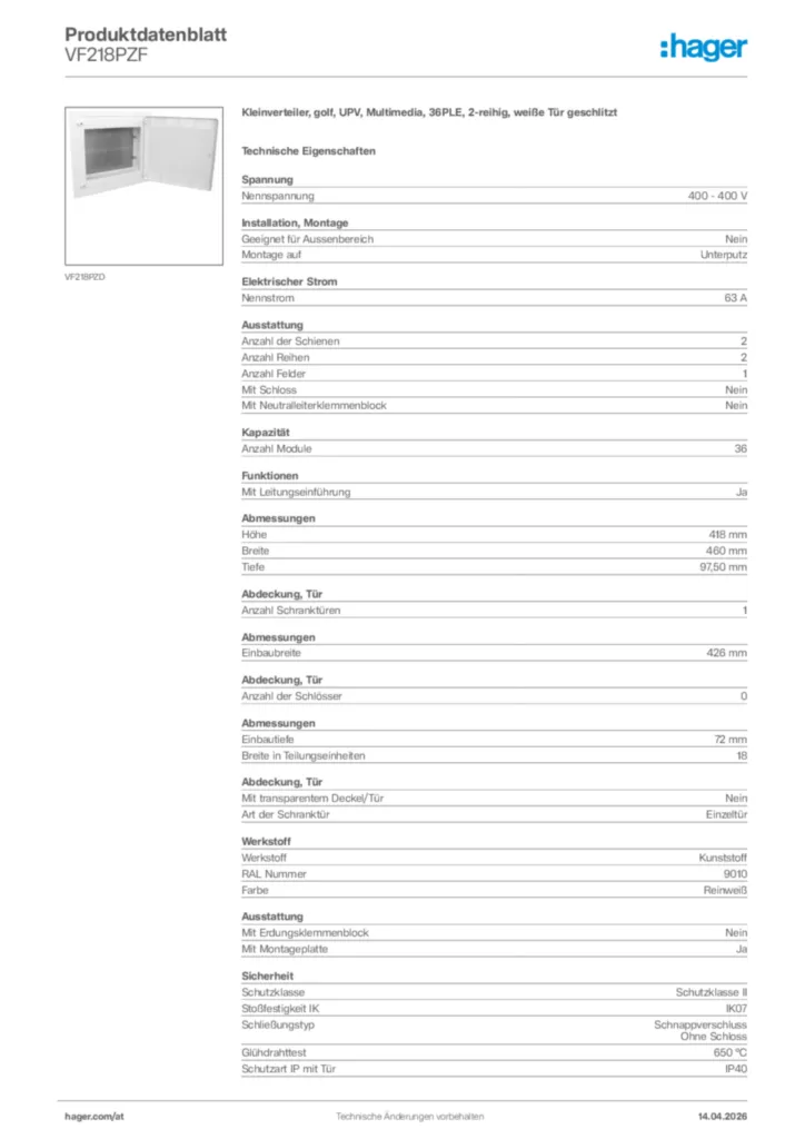 Bild Hager Produktdatenblatt VF218PZF | Hager Deutschland