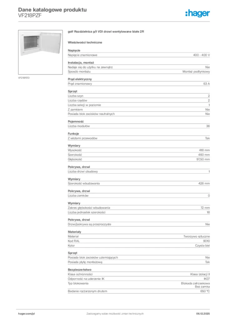 Zdjęcie Hager Karta katalogowa VF218PZF | Hager Polska