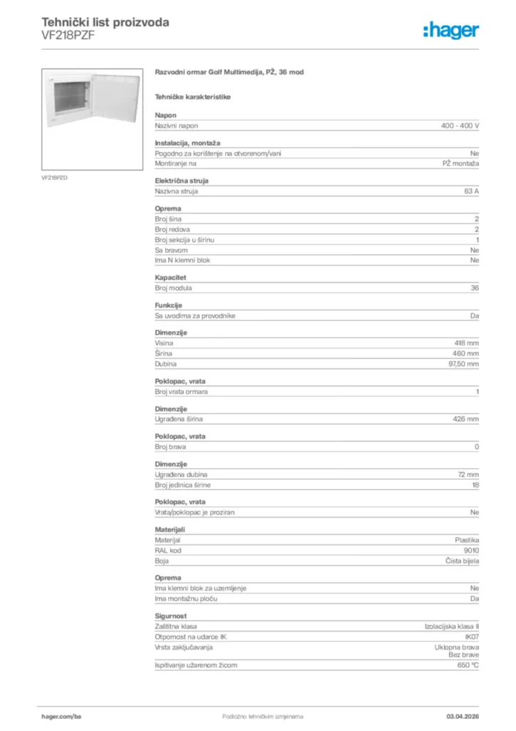 Slika Hager Tehnički list proizvoda VF218PZF  | Hager