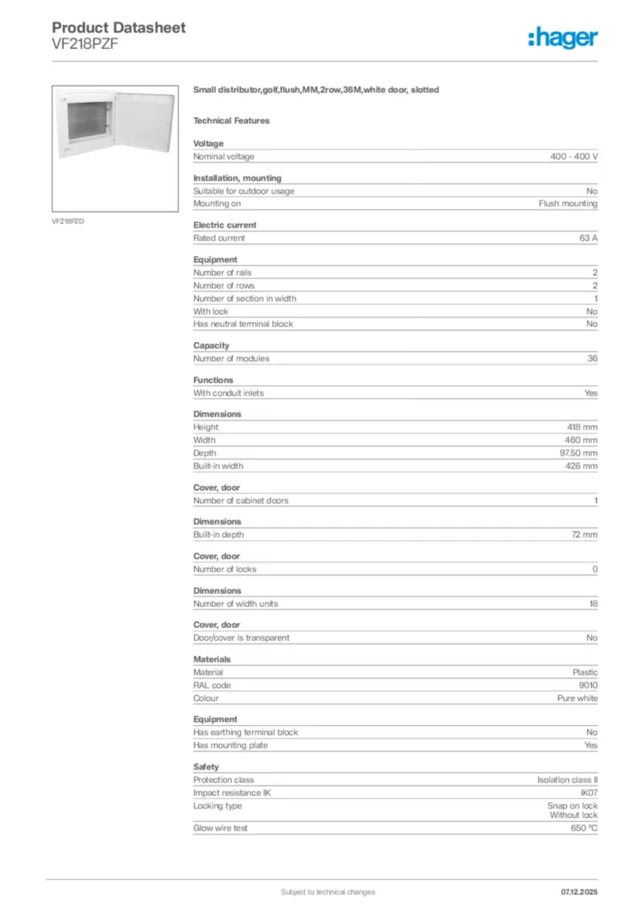 Image Hager Product data sheet VF218PZF  | Hager