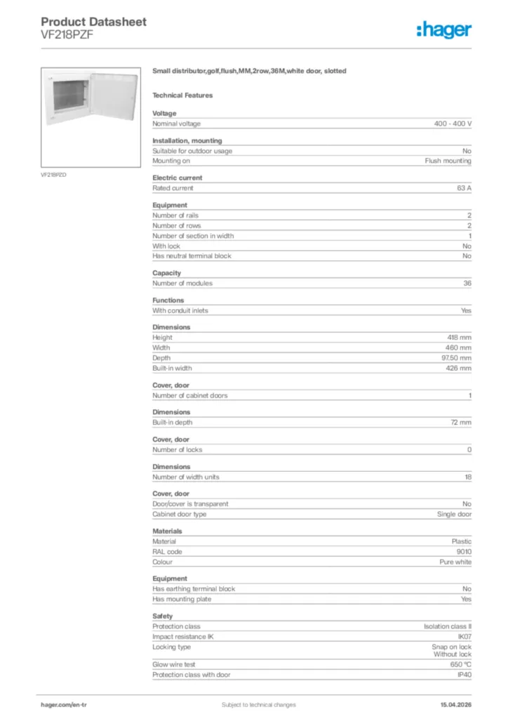 Image Hager Product data sheet VF218PZF  | Hager