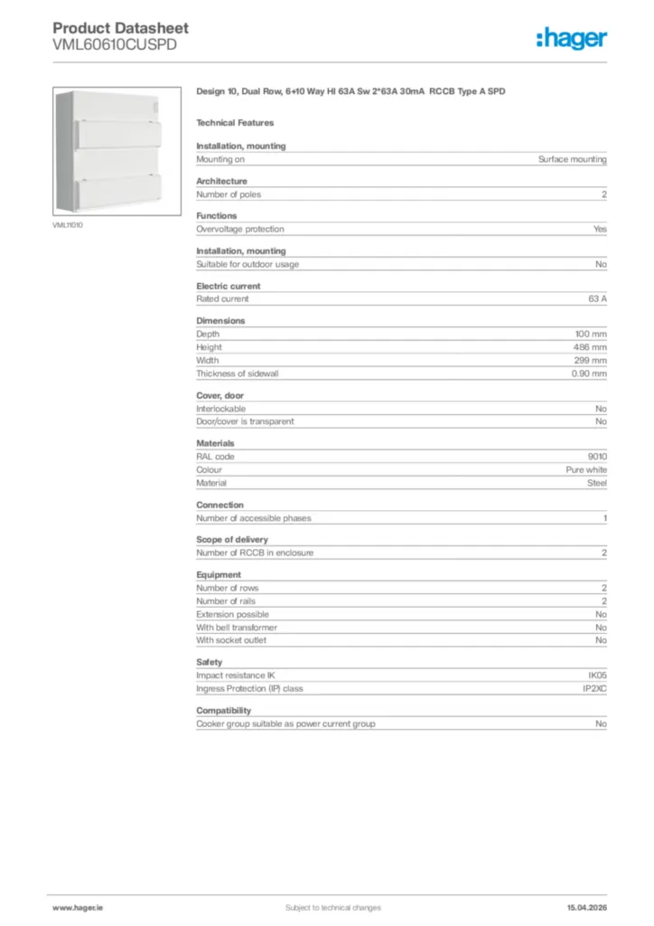 Image Hager Product data sheet VML60610CUSPD  | Hager