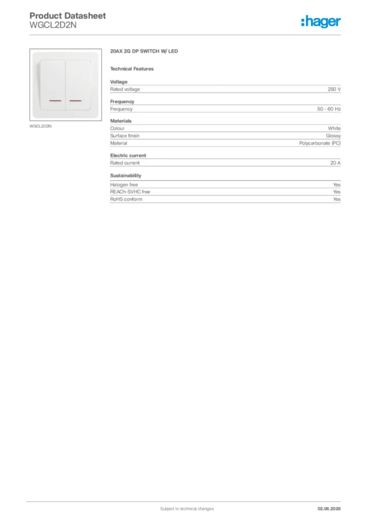 Image Hager Product data sheet WGCL2D2N  | Hager Africa