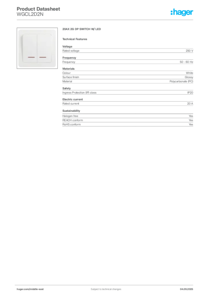 Image Hager Product data sheet WGCL2D2N  | Hager