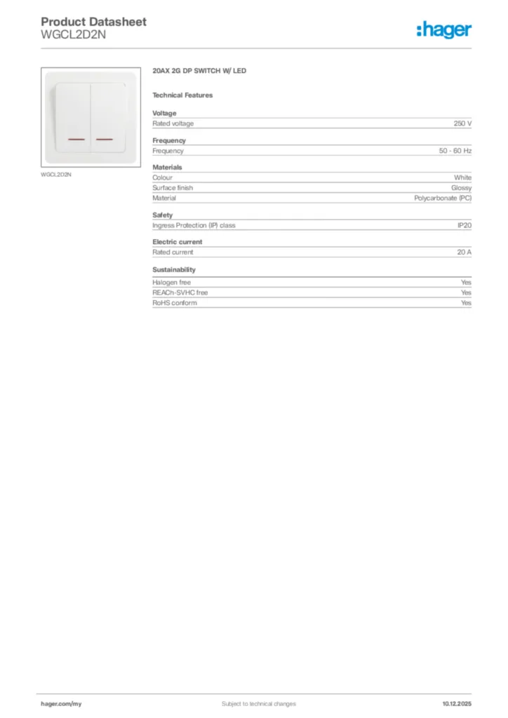 Image Hager Product data sheet WGCL2D2N  | Hager