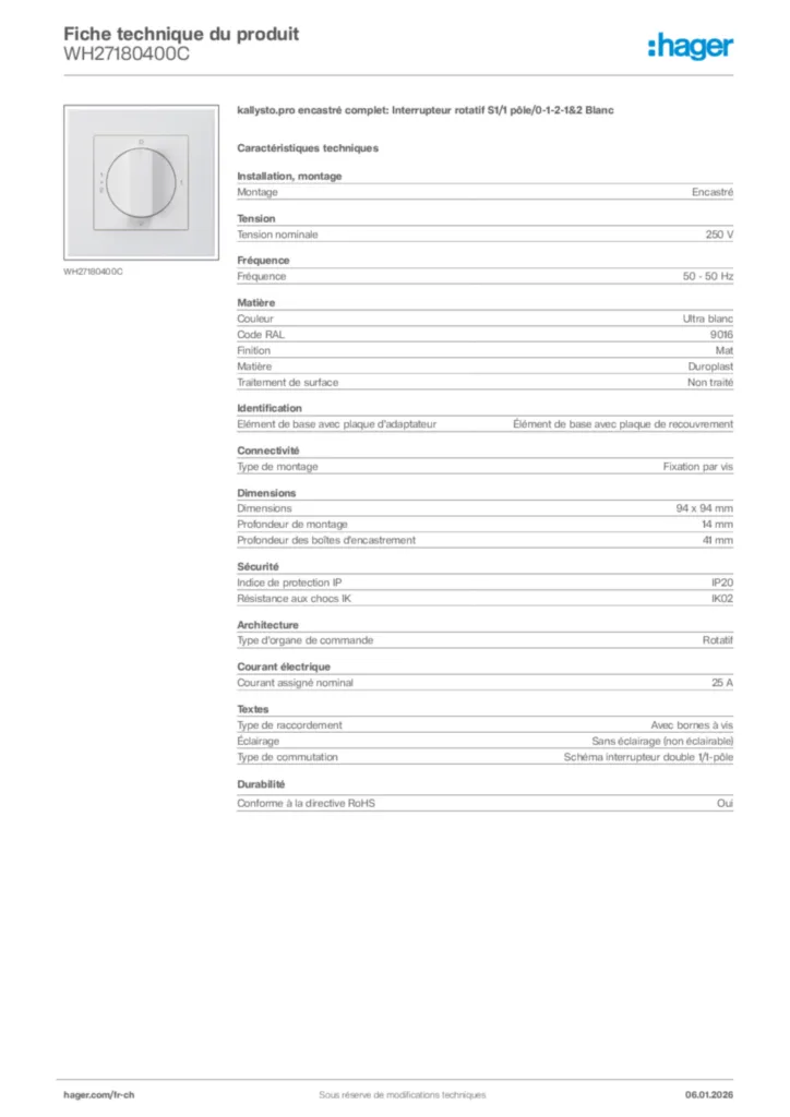 Image Hager Fiche technique du produit WH27180400C | Hager Suisse