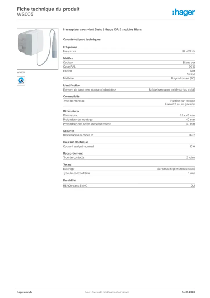 Image Hager Fiche technique du produit WS005 | Hager France