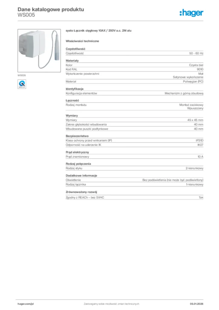 Zdjęcie Hager Karta katalogowa WS005 | Hager Polska
