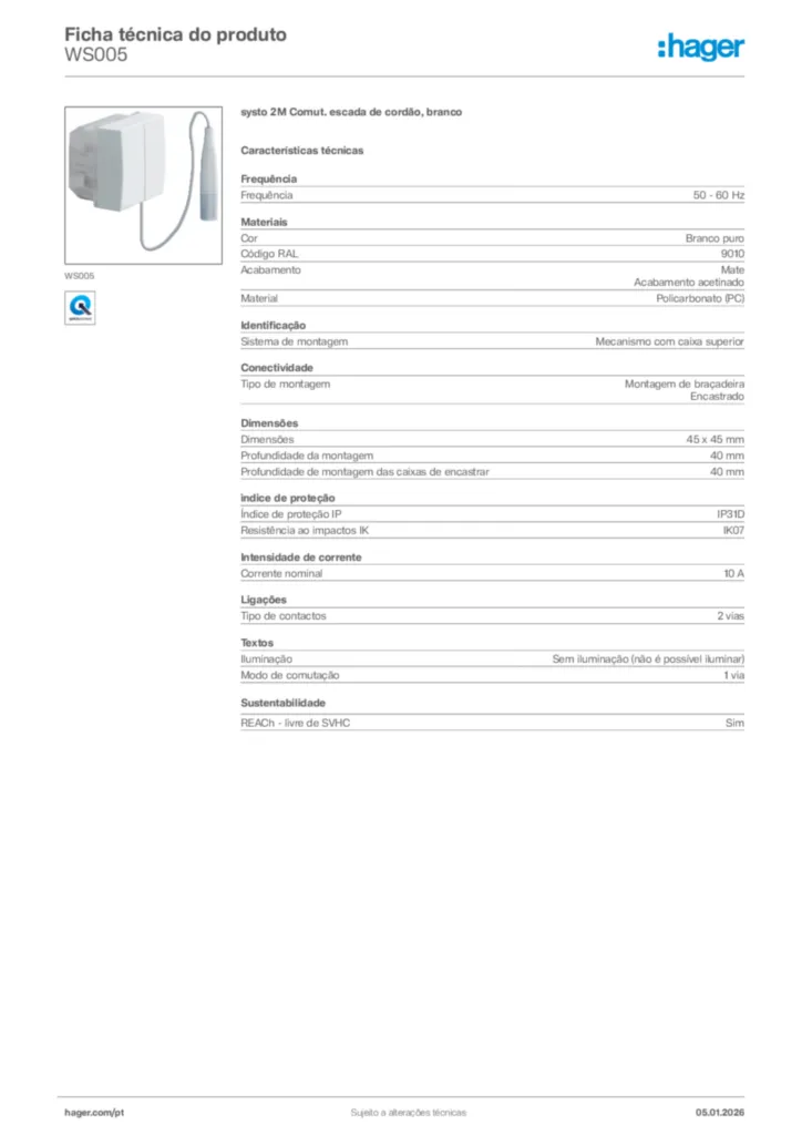 Imagem Hager Ficha técnica do produto WS005 | Hager Portugal