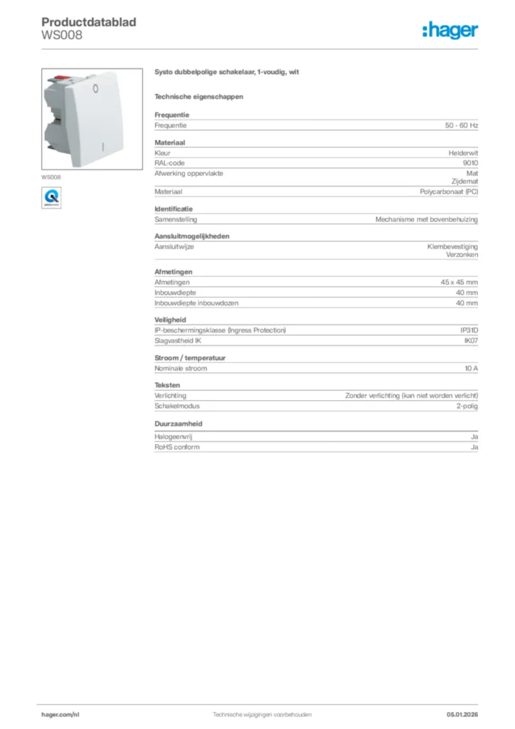 Afbeelding Hager Productdatablad WS008 | Hager Nederland