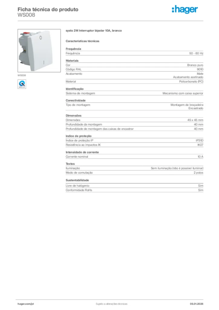 Imagem Hager Ficha técnica do produto WS008 | Hager Portugal