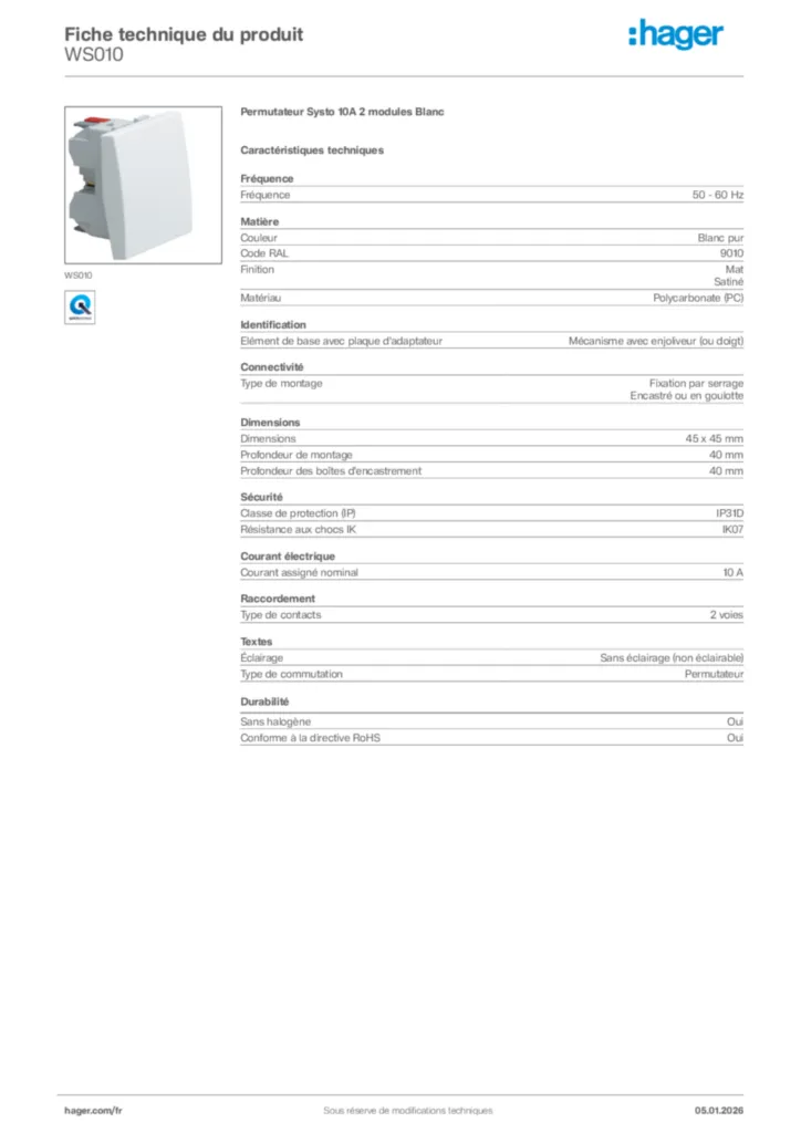 Image Hager Fiche technique du produit WS010 | Hager France