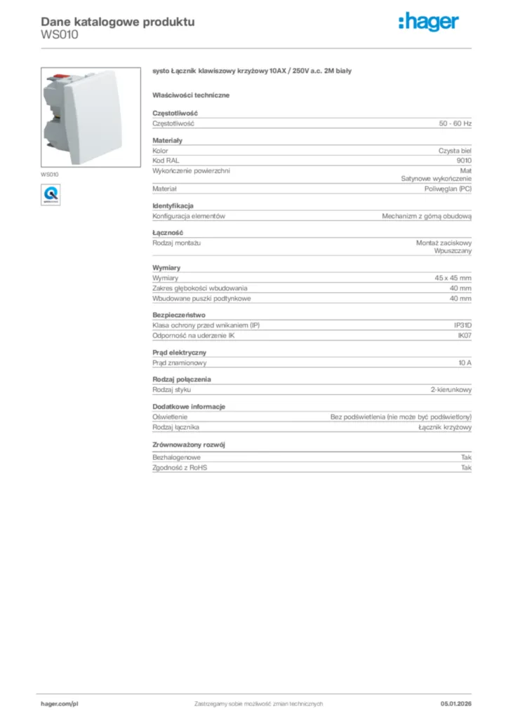 Zdjęcie Hager Karta katalogowa WS010 | Hager Polska