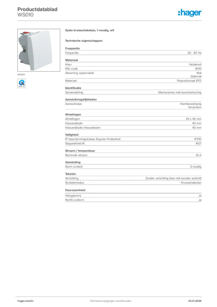 Afbeelding Hager Productdatablad WS010 | Hager Nederland