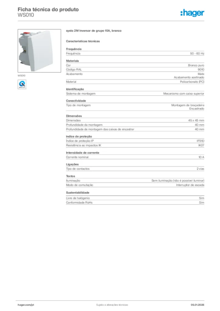 Imagem Hager Ficha técnica do produto WS010 | Hager Portugal