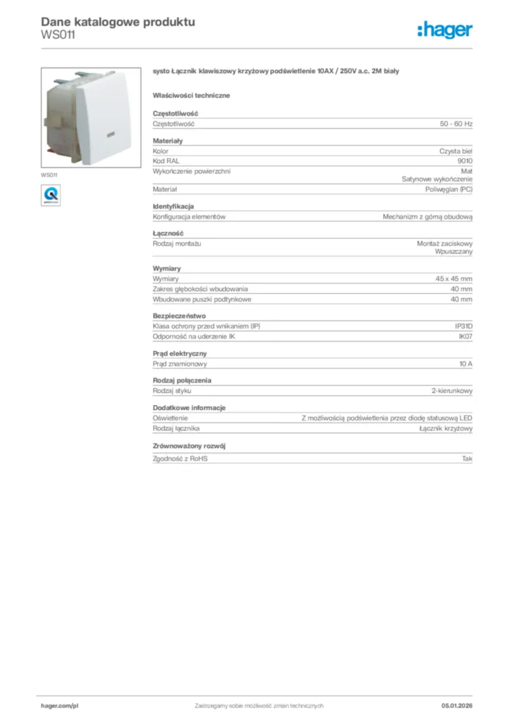 Zdjęcie Hager Karta katalogowa WS011 | Hager Polska