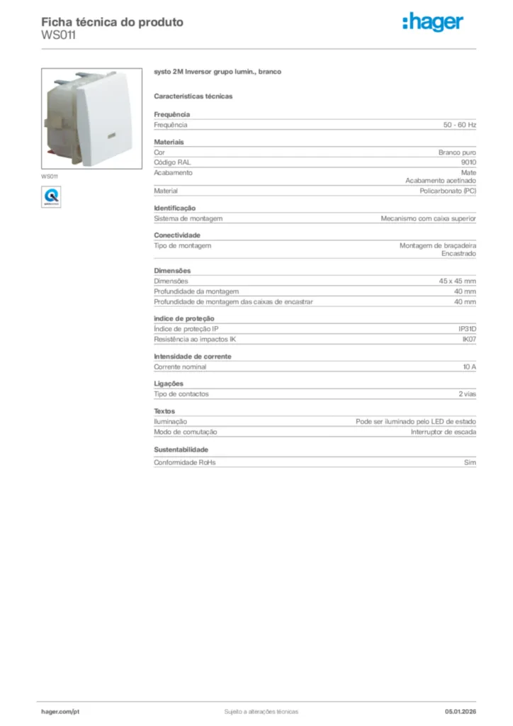 Imagem Hager Ficha técnica do produto WS011 | Hager Portugal