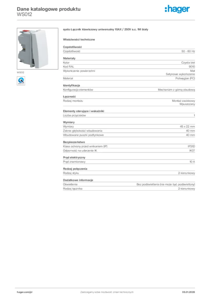 Zdjęcie Hager Karta katalogowa WS012 | Hager Polska