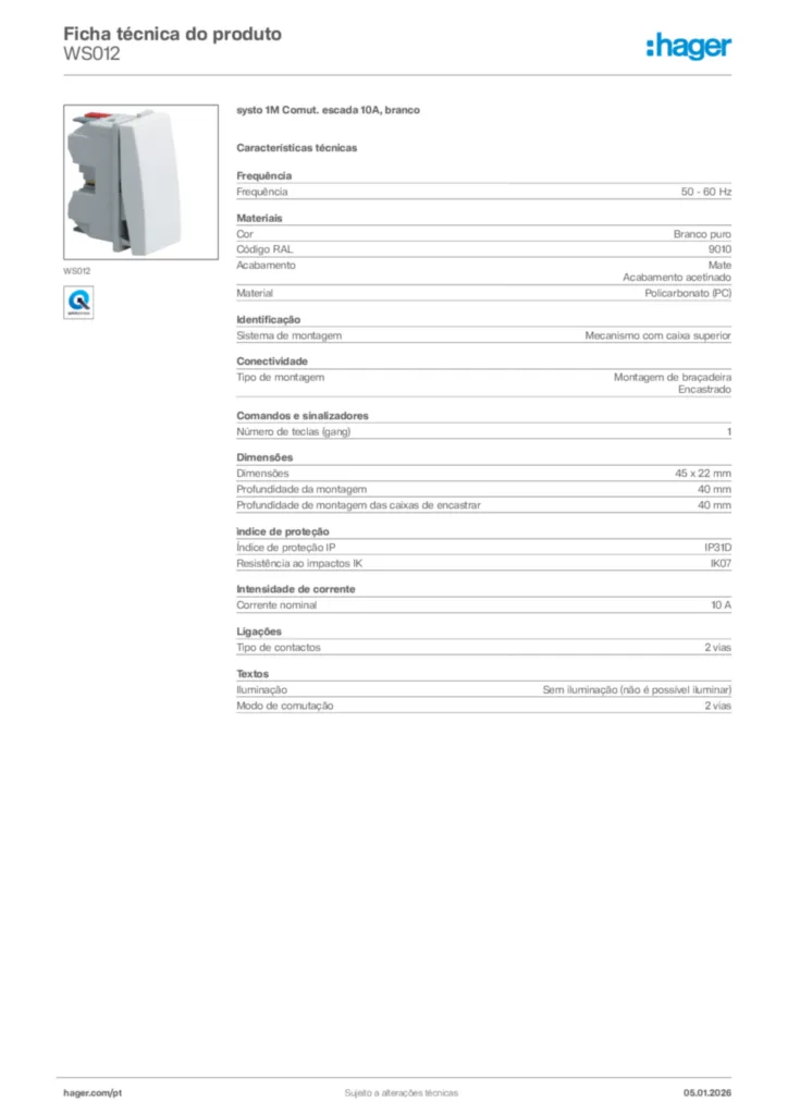 Imagem Hager Ficha técnica do produto WS012 | Hager Portugal